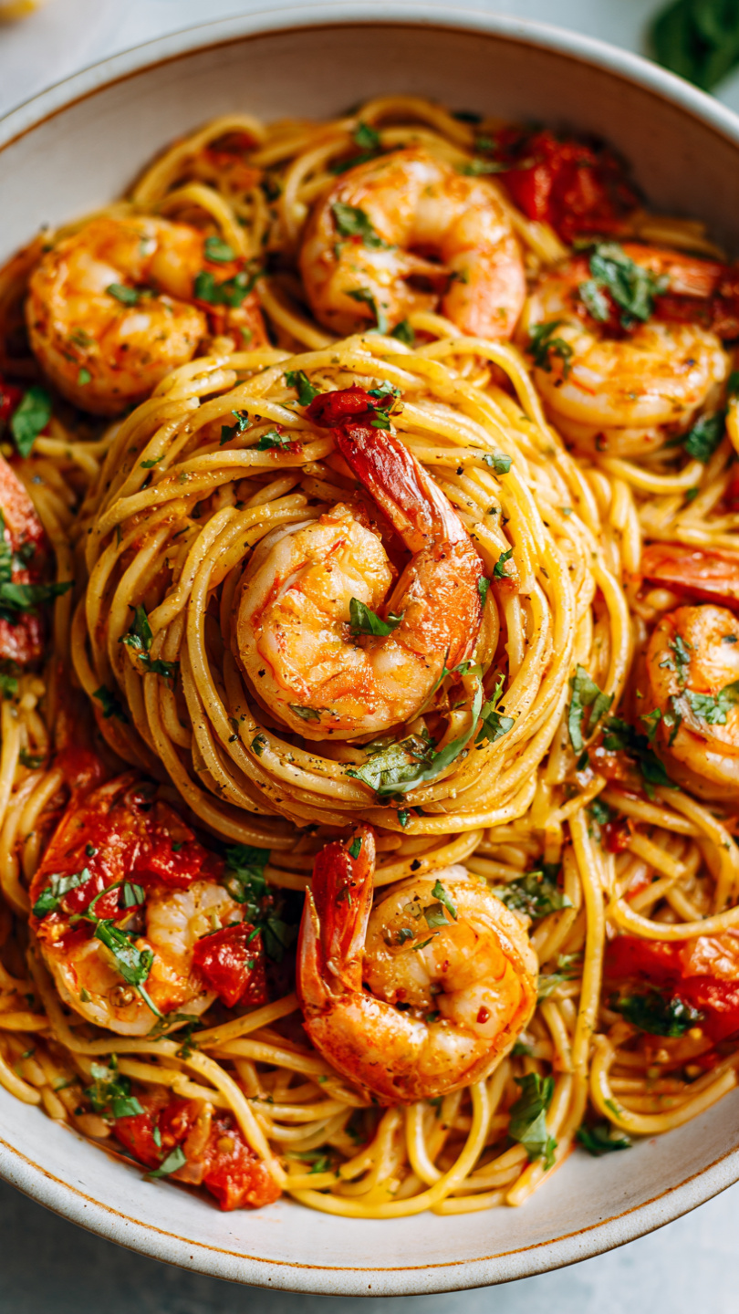 Shrimp Tomato Pasta with Spinach and Garlic