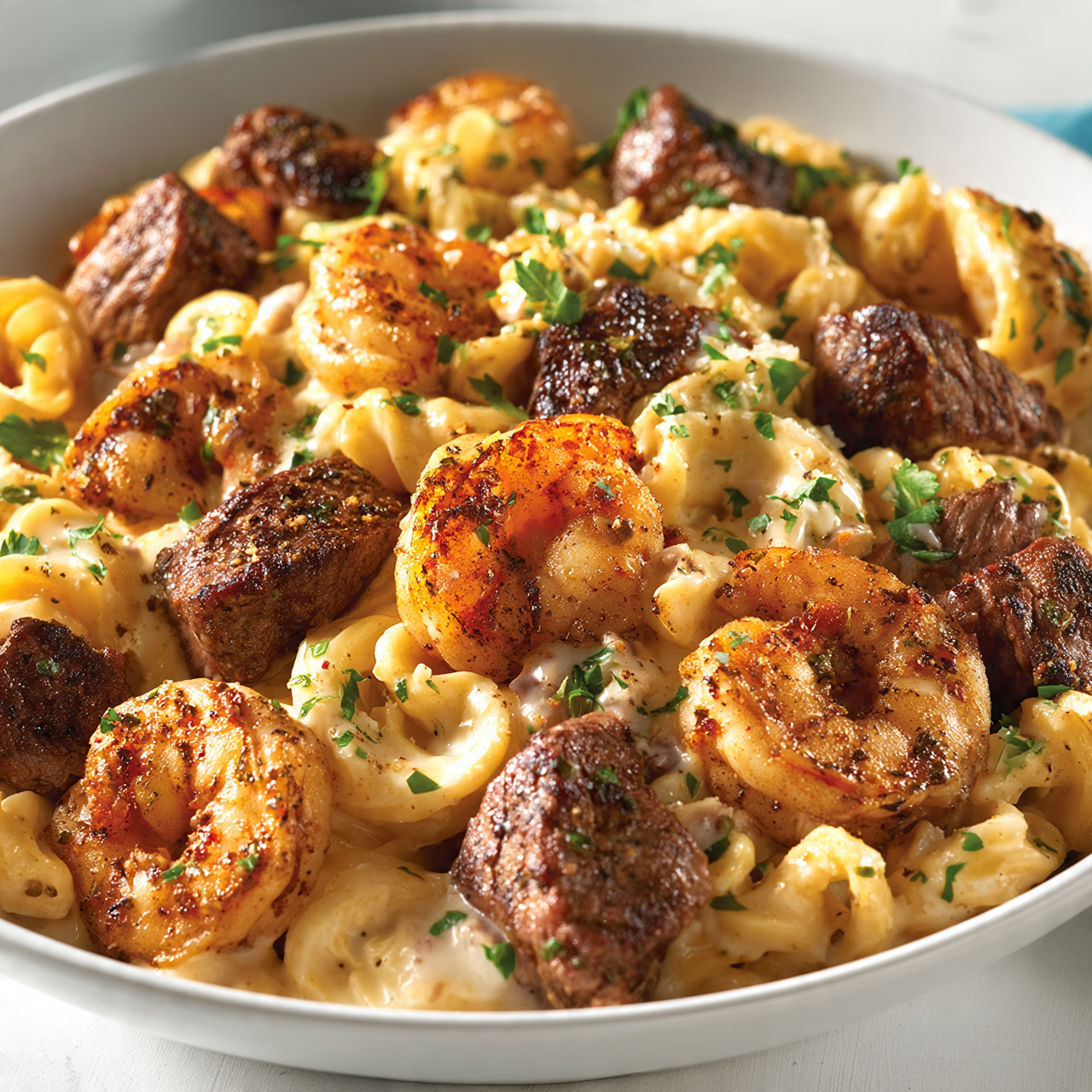 Blackened Steak and Shrimp Alfredo