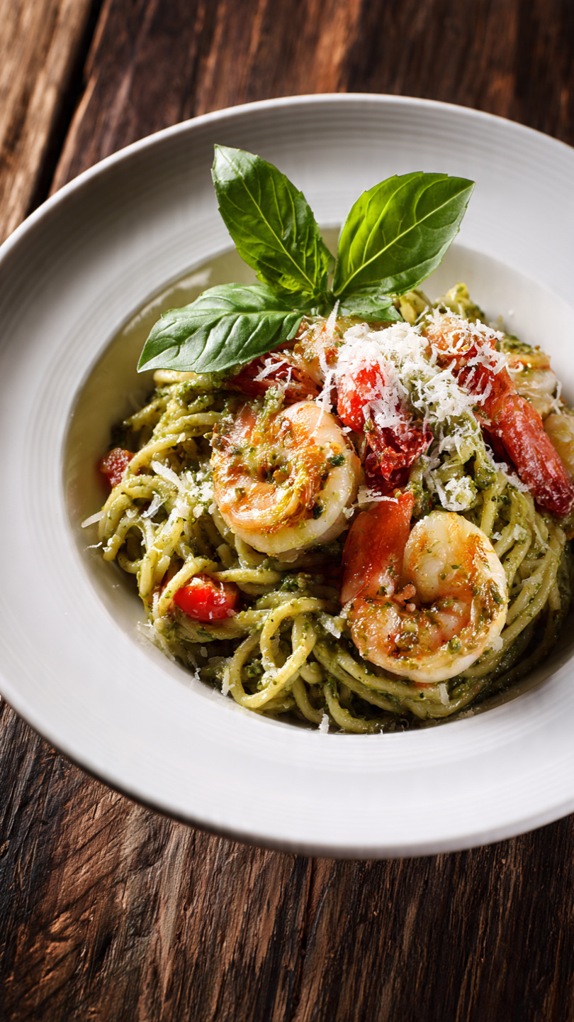 Pesto Shrimp Pasta with Mushrooms