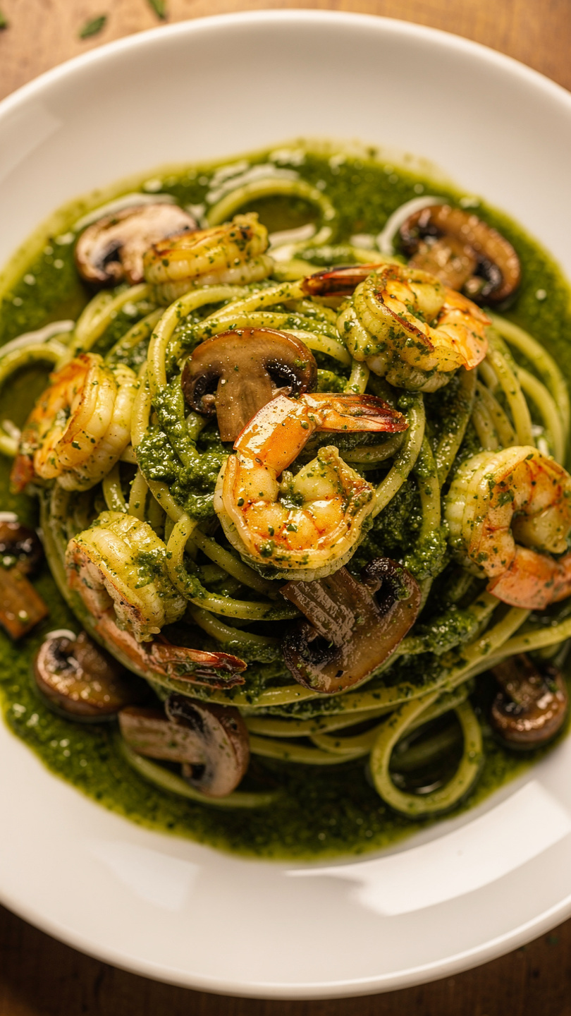 Pesto Shrimp Pasta in Mushroom Garlic Sauce
