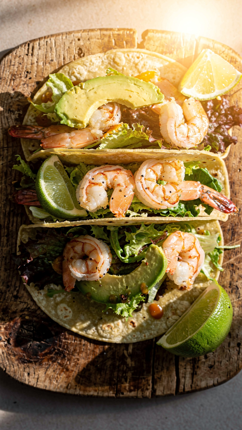 Shrimp Tacos with Avocado Cream Sauce